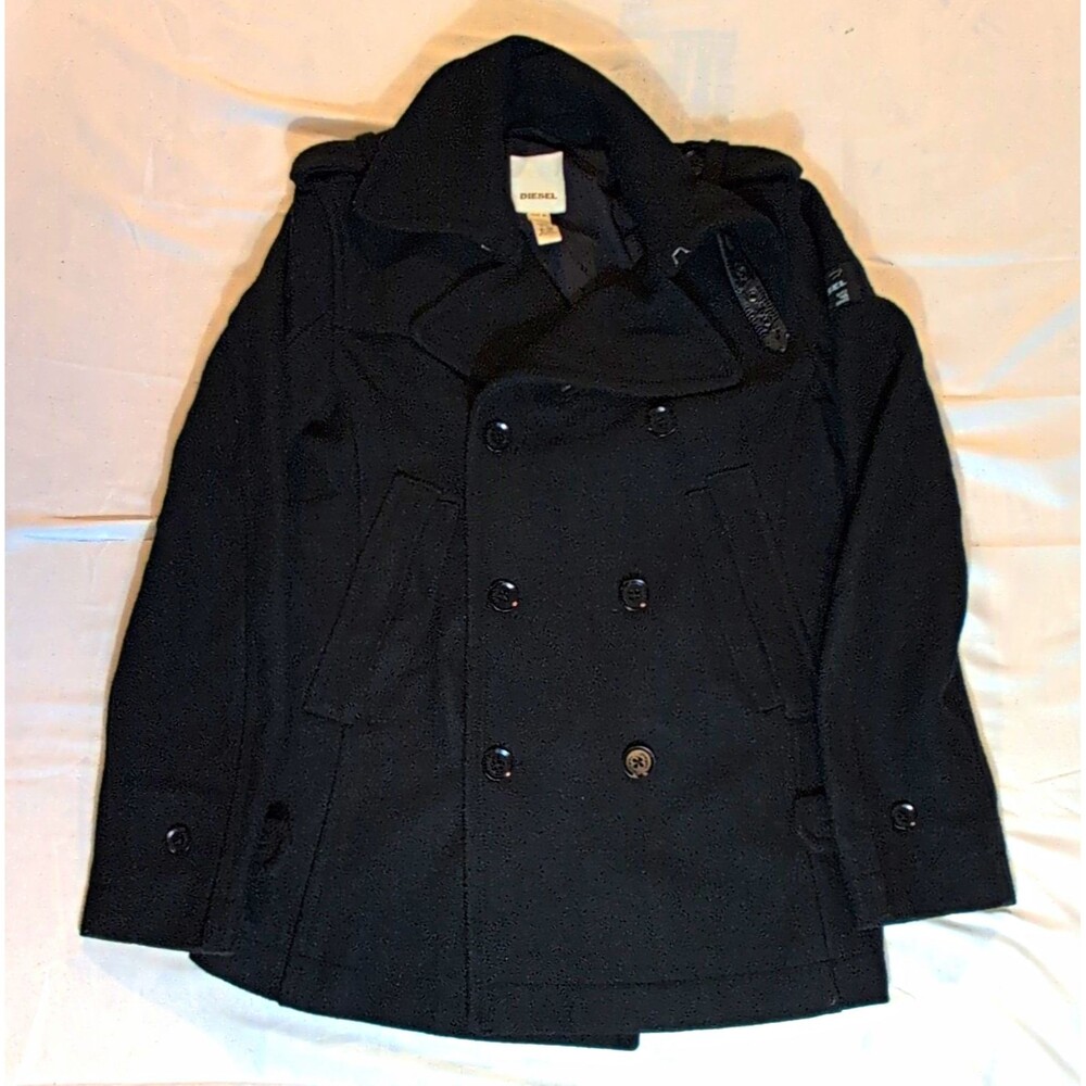 Diesel Peacoat Black Wool Blend Lamb Leather Size Medium